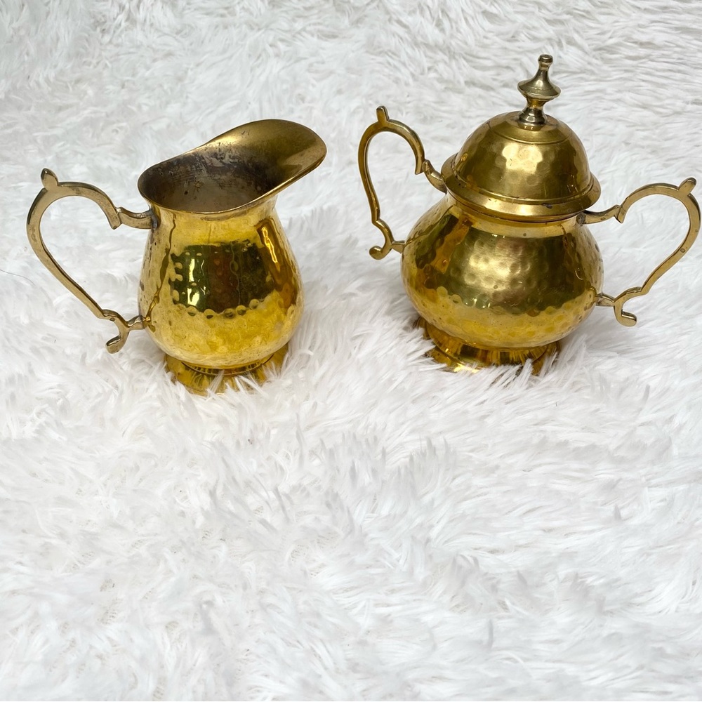 Vintage Hammered Brass Sugar Bowl And Creamer Set